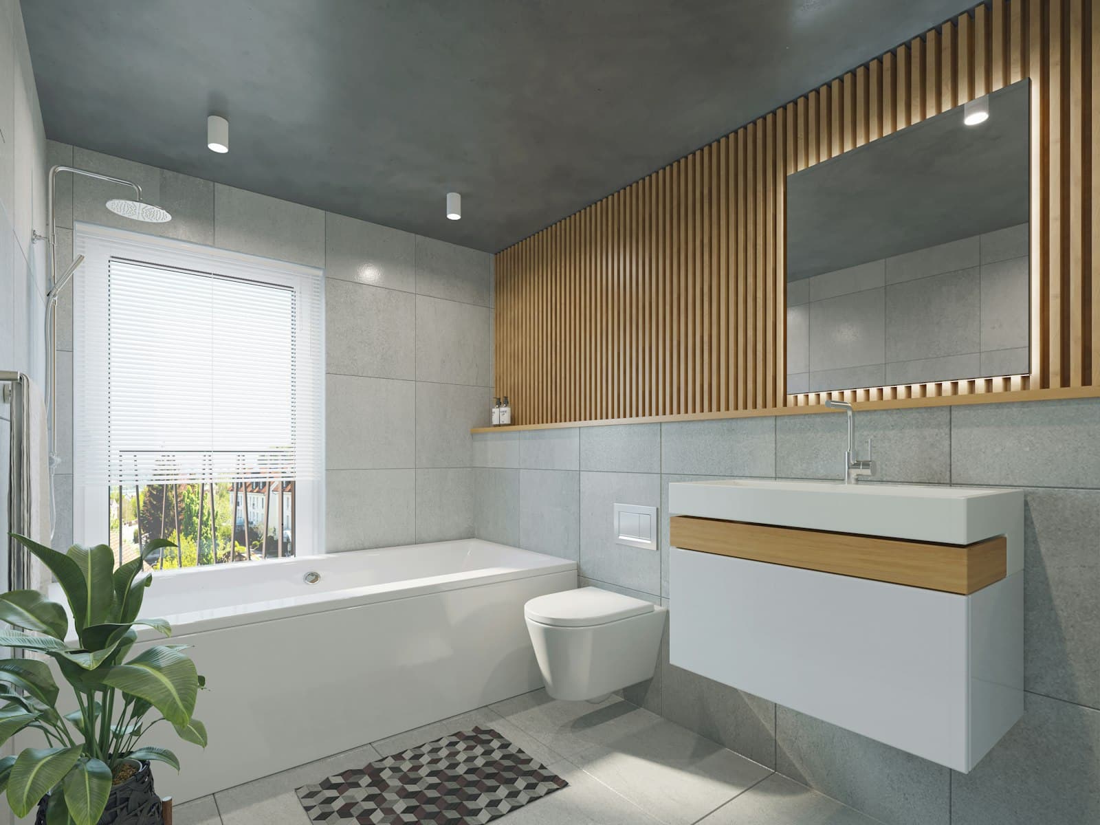 Badkamer met ligbad, toilet en houten lamellenwand